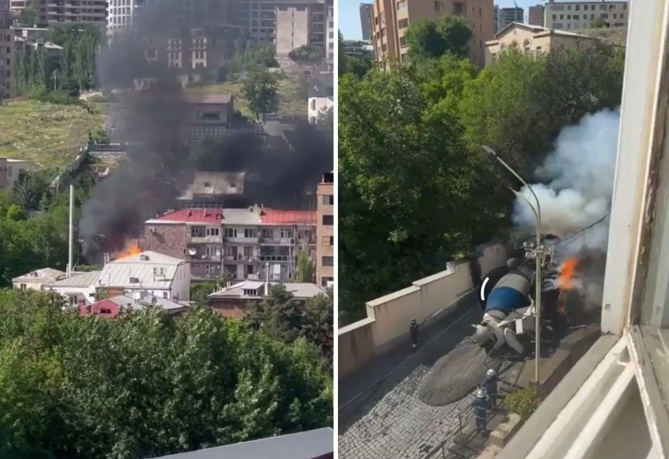 В соцсетях появились несколько видео с пожара в центре Еревана Согласно СМИ, очевидцы сообщают о двух взрывах. Клубы дыма видны в районе, где располагается резиденция президента Армении на проспекте Баграмяна. К месту инцидента едут пожарно-спасательные бригады. "Бетономешалка не осилила подъем, скатилась назад, перевернулась и взорвалась", - заявил один из свидетелей ЧП. Агентство "Новости-Армения" запросило комментарий у МВД Армении.