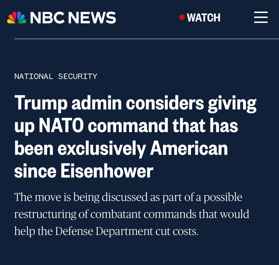 Администрация Трампа рассматривает возможность отказа США от роли верховного главнокомандующего объединёнными силами НАТО в Европе, — NBC News. Последние 75 лет всеми операциями альянса в Европе руководили исключительно американские генералы, сообщает телеканал. По данным агентства, Трамп уже проинформировал о своем решении генерального секретаря НАТО Марка Рютте.