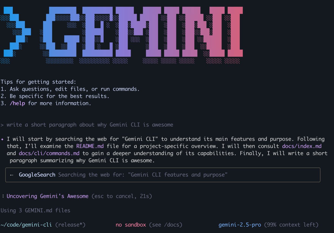 Новый бесплатный ИИ-помощник от Google — Gemini CLI Нейронка сделана на базе Gemini 2.5 Pro и доступна как на Windows, так и на macOS. Она может писать код и запускать программы. Работает прямо в VS Code. Бесплатный доступ включает 1000 запросов в день и 60 в час. Для запуска у себя на компе нужно заранее установить Node.js и прописать команду: npx Более подробная инструкция на GitHub.