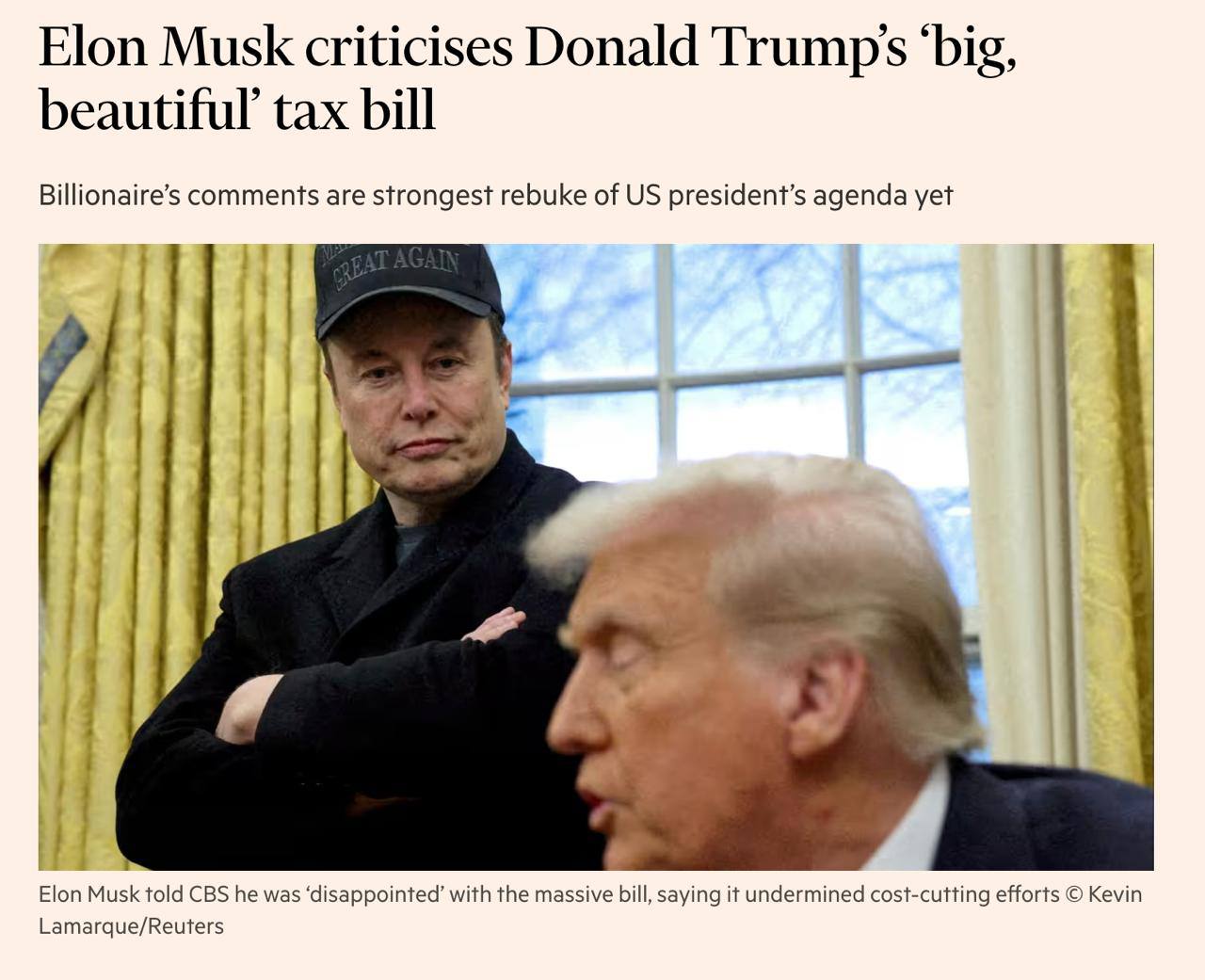 Илон Маск раскритиковал налоговый законопроект Трампа. Миллиардер, еще недавно близко работавший с президентом США, заявил, что «разочарован огромным законопроектом о расходах, который увеличивает дефицит бюджета... и подрывает работу, которую делает команда DOGE». Financial Times считает, что это самое критичное на данный момент заявление Маска в адрес Трампа. Этот законопроект едва прошел голосование в Палате представителей после запугиваний Трампом нескольких республиканцев и теперь будет рассмотрен в Сенате. Президент назвал его «возможно, самым значительным законодательным актом, который когда-либо будет подписан в истории нашей страны». Критики говорят, что он приведет к увеличению госдолга США более чем на 3,3 трлн долларов в ближайшие 10 лет. «Я думаю, что законопроект может быть большим, или он может быть красивым. Но я не знаю, может ли он быть и тем, и другим», - сказал Маск в интервью CBS. Ранее Маск критиковал торговые пошлины Трампа и их идеолога в Белом доме Питера Наварро, которого назвал "идиотом". После чего Маск перестал заниматься политикой, а сосредоточился на Tesla. НАШИ РЕСУРСЫ: Telegram Tik-tok YouTube RUTUBE