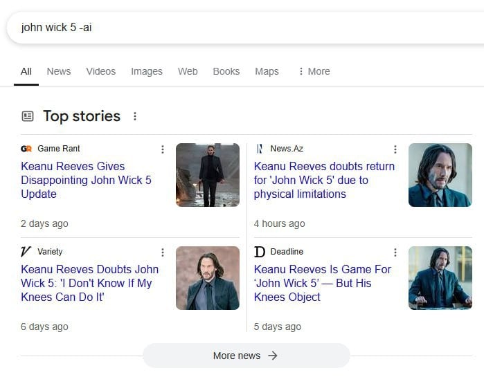 Google начал выдавать в поиске выдуманную нейросетями информацию  К примеру, трейлеры и постеры к пятой части «Джона Уика». Но вот сюрприз — вся эта информация сгенерирована искусственным интеллектом!   Никаких реальных трейлеров пока нет.    Чтобы избежать путаницы и получать только настоящие материалы без ИИ фантазий, добавляйте в свои поисковые запросы фразу: -ai. Это действительно работает!