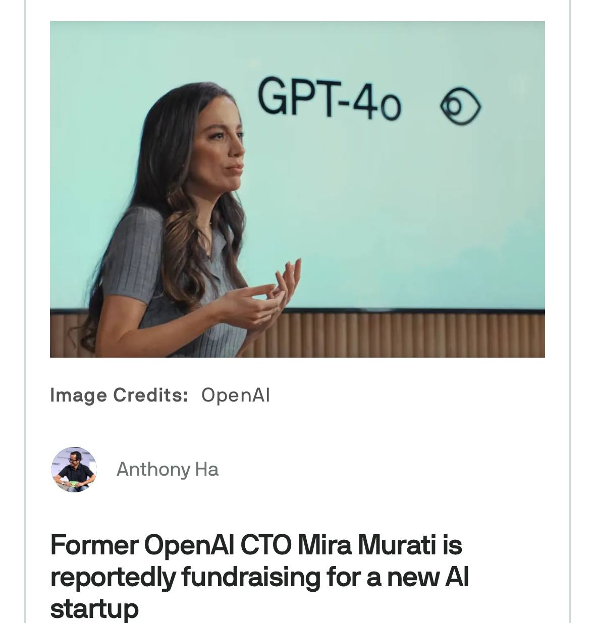 Мира Мурати, бывший CTO  OpenAI, ведет переговоры о привлечении инвестиций в свой новый стартап. Речь о $100 млн на запуск.  Новая компания сосредоточится на разработке продуктов, основанных на собственных модельках. Говорят, Мурати для этого хантит к себе сотрудников OpenAI. Лицо Альтмана в этот момент —