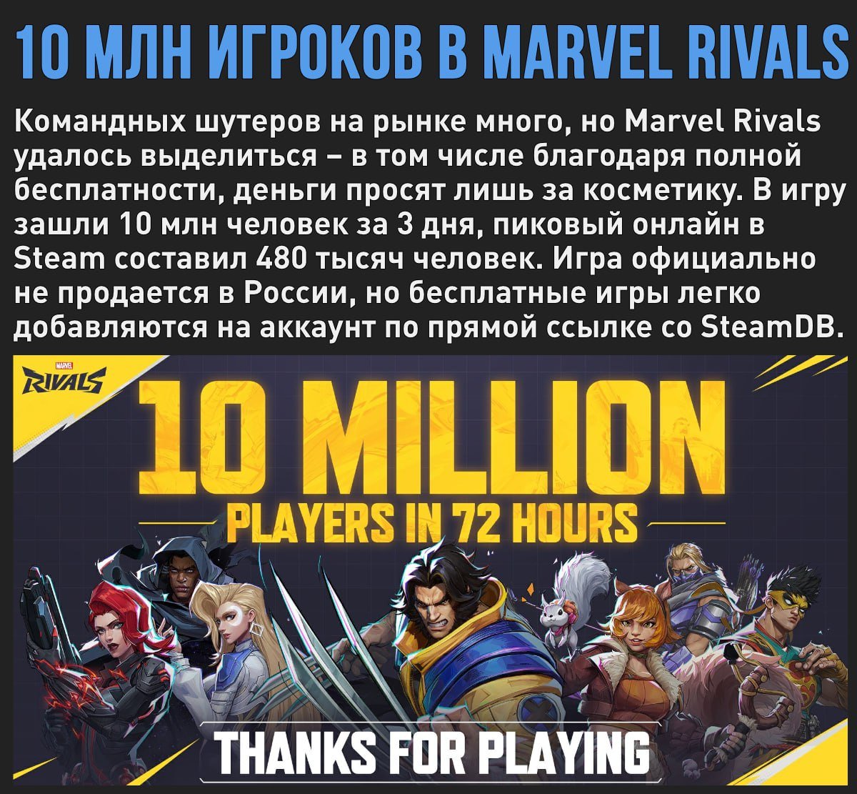 Marvel Rivals набрал 10 млн игроков за 3 дня. В России игру можно добавить по прямой ссылке с заходом в свой аккаунт  Мой Компьютер