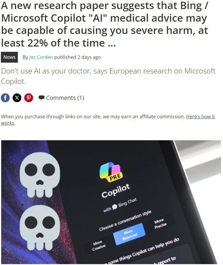 Первая смерть от ИИ может произойти не из-за роботов-убийц, а из-за дезинформации, которой еще грешат нейросети.  Так, нейросеть Microsoft Copilot предлагает «смертельно опасные» советы с частотой 22%, выяснили исследователи.