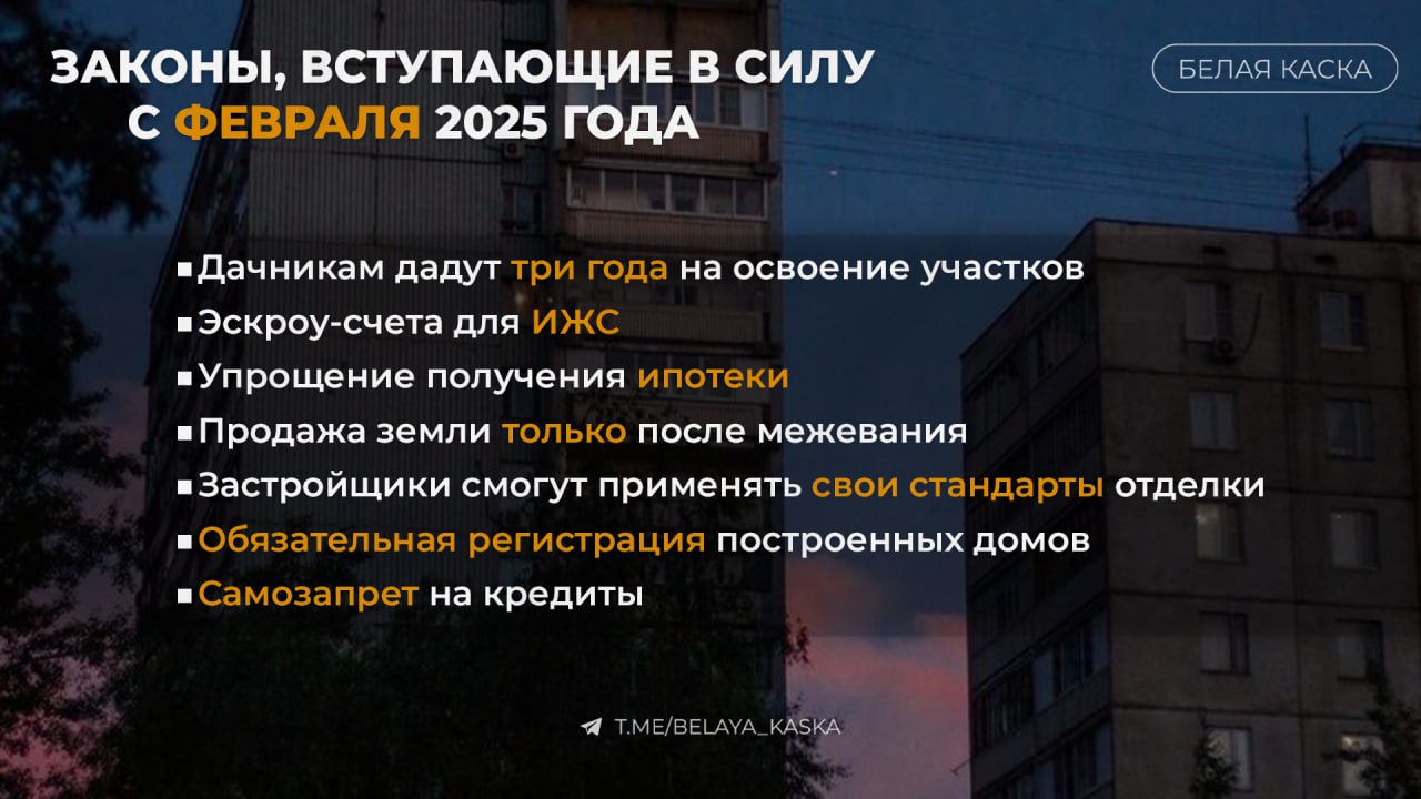 С 1 марта в России вступят в силу новые законы    Дачникам дадут три года на освоение участков.  Теперь на приведение земли в порядок отводится дополнительных 3 года.   Изъятие возможно только после 5-7 лет неиспользования.    Эскроу-счета для ИЖС Теперь можно использовать эскроу при найме подрядчика на строительство дома.   Деньги будут перечисляться только после завершения работ.    Изменения в оплате отопления Регионы, где платят по факту, больше не смогут переходить на равномерные платежи.   Там, где платят круглый год, этот порядок сохраняется.    Упрощение получения ипотеки Снижаются надбавки к коэффициентам риска по ипотеке на новое жилье с первым взносом 20-30% и ПДН менее 70%.    Продажа земли только после межевания Без данных о границах участка в ЕГРН его нельзя продать, оформить строение или поставить на кадастровый учет.    Застройщики смогут применять свои стандарты отделки Качество будет оцениваться по стандарту застройщика, но с учетом минимальных требований Минстроя.    Обязательная регистрация построенных домов Эксплуатация любых построек теперь возможна только после официальной регистрации.   Это коснется как частных домов, так и дачных построек.    Самозапрет на кредиты С 1 марта можно установить запрет на все виды кредитов  кроме залоговых  во всех банках и МФО через Госуслуги или МФЦ.