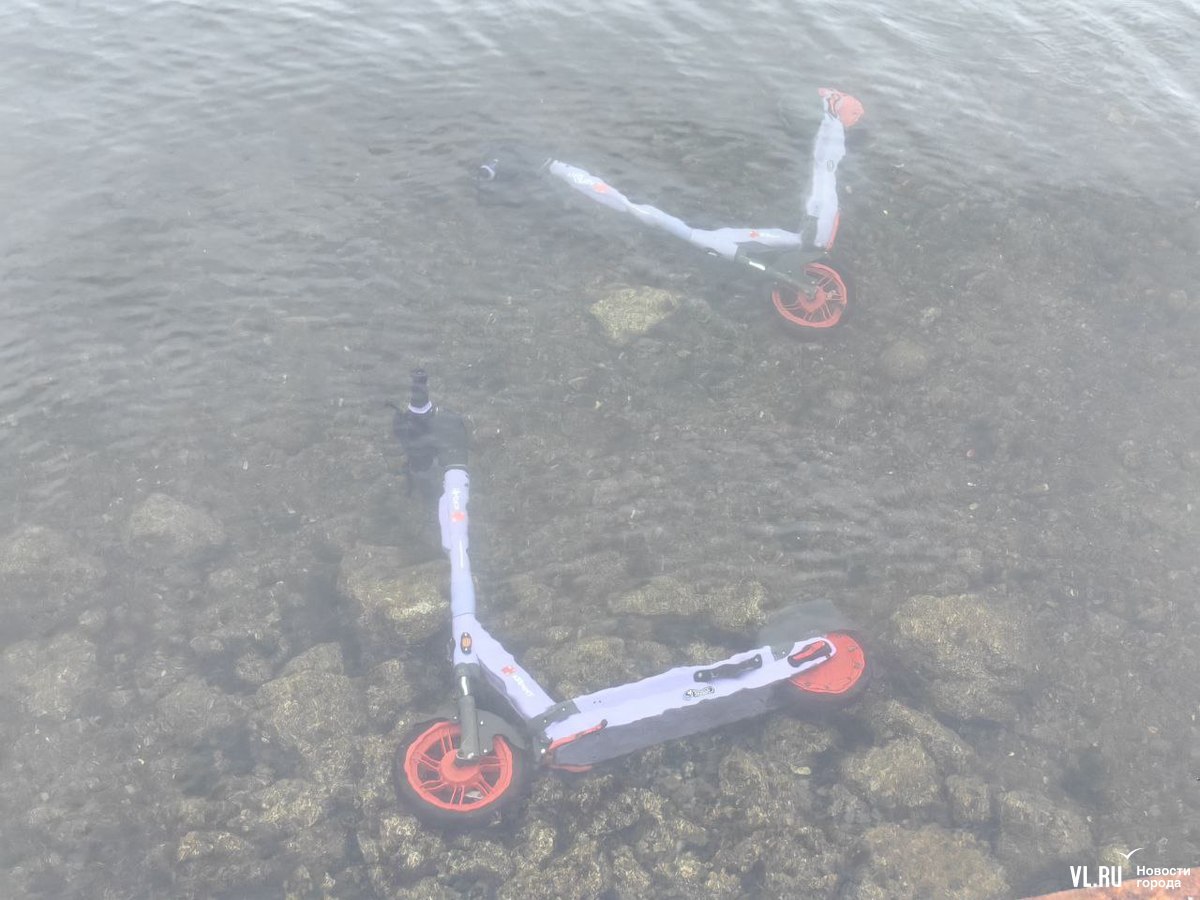 Два электросамоката оператора «Юрент» выбросили в море на водной станции ТОФ. Они лежат там уже несколько часов, и техническая служба не спешит их извлекать. Если самокаты были припаркованы и не находились в аренде в момент своего «утопления», найти виновных будет непросто.