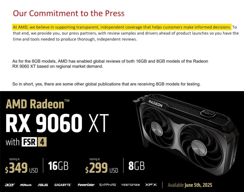 AMD решила не рассылать блогерам RX 9060 XT на 8 ГБ В письме AMD, которым поделился блогер Linus Tech Tips объясняет это «региональным спросом». Дескать — американец? Тебе не будет интересна эта дрянь. Звучит это всё не слишком убедительно. Очевидно, что дело в том, что игровые видеокарты с 8 ГБ памяти морально устарели. Красные увидели что произошло с Nvidia и решили не наступать на те же грабли. Мой Компьютер