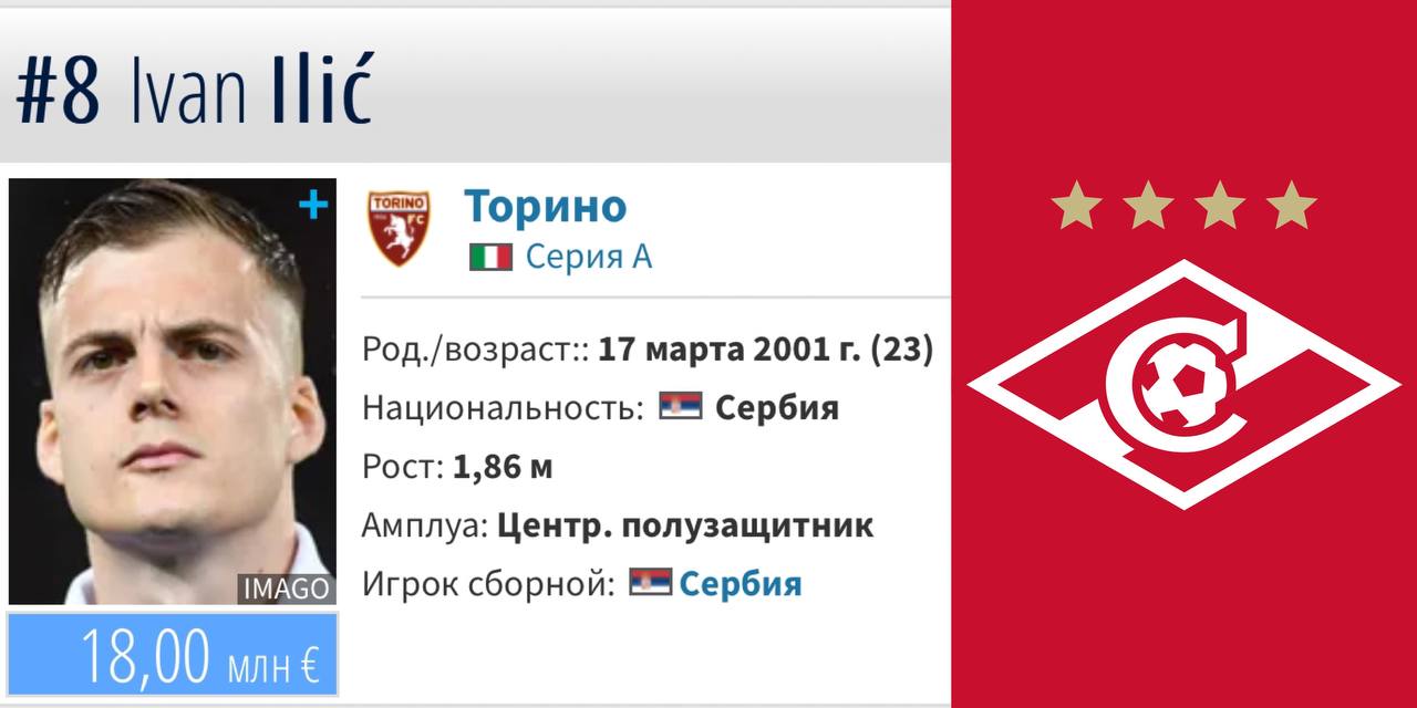 Иван Илич согласен перейти в «Спартак» за 25 млн евро – столько за полузащитника может запросить «Торино». Итальянцы не против продать в «Спартак» серба, который летом мог перейти в «Зенит». Красно-белые уже начали переговоры с Иличем: с игроком разговаривал член тренерского штаба Станковича, он готов к переходу. У Илича «1+1» в 13 матчах нынешнего сезона — Metaratings, «СЭ», Андрей Панков