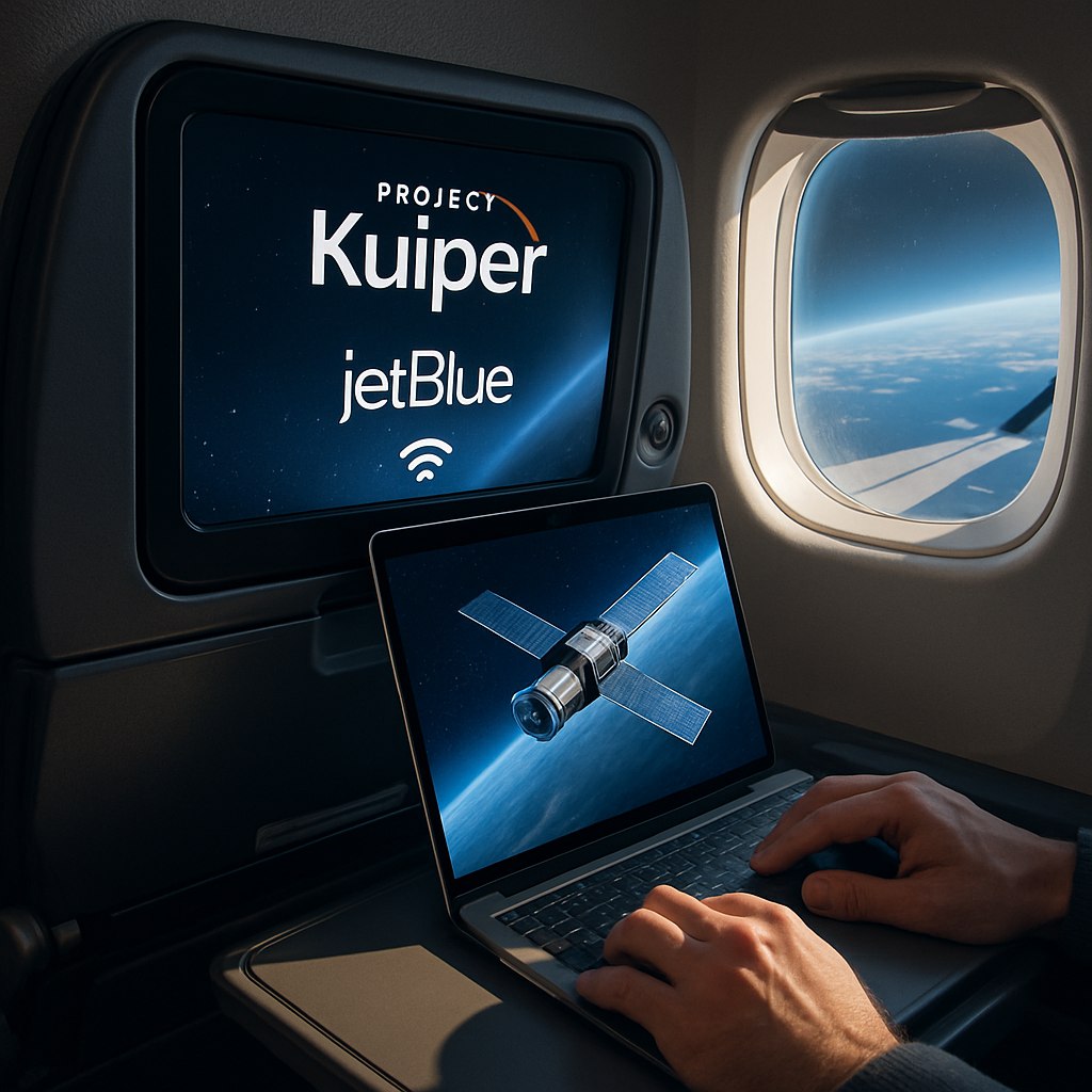 Amazon запускает Project Kuiper в партнерстве с JetBlue для предоставления спутникового интернета на борту самолетов с 2027 года Это первая сделка Amazon с авиакомпанией направленная на конкуренцию с Starlink который уже заключил контракты с такими авиаперевозчиками как United Airlines и Air France С момента запуска в 2019 году Amazon уже вывела в космос более 100 спутников низкой орбиты планируя развернуть в будущем более 3 200 В этом месяце ожидается очередной запуск спутников Project Kuiper Спутники Amazon обещают более низкую задержку и надежное соединение для пассажиров находясь на высоте от 367 до 391 миль над Землей что значительно ближе чем геостационарные спутники на высоте 22 369 миль Также заключена сделка с Airbus по интеграции интернет сервиса в самолеты PRO AI OFFICIAL