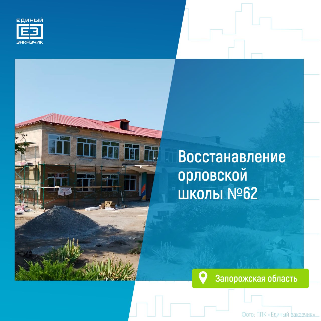 В Запорожской области строители завершили устройство кровли в общеобразовательной школе №62 села Орлово На объекте площадью более 1,5 тыс. кв. метров строители уже провели необходимые демонтажные работы, усилили несущие конструкции здания, обновили кровлю и завершают монтаж нового остекления. Снаружи здания специалисты уже приступили к утеплению фасада. Во внутренних помещениях школы активно ведутся устройство стен и перегородок, прокладка инженерных коммуникаций и черновая отделка. В ходе ремонта строители обновят спортивный зал, учебные классы и пищеблок, а также благоустроят прилегающую территорию школы, оборудовав там современный спортивный стадион. Завершить полный комплекс ремонтно-восстановительных работ на объекте планируется к сентябрю 2025 года.