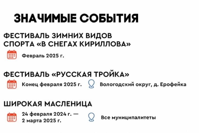 Проект "Зима Русского Севера" продлится всю календарную зиму. В феврале ожидается несколько крупных фестивалей и масленичные гуляния.   Правительство Вологодской области