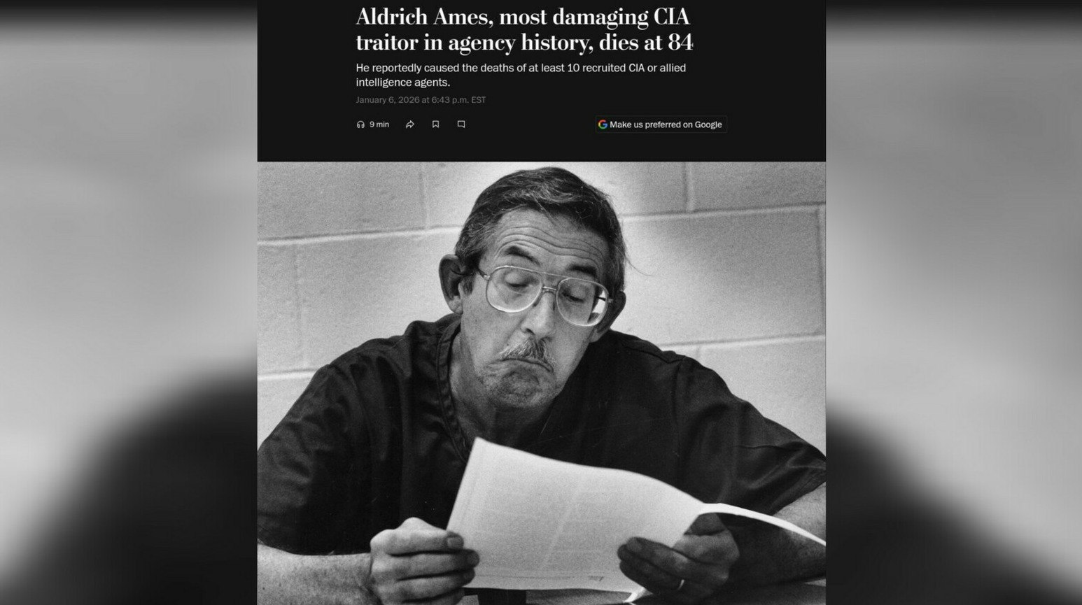 В американской тюрьме умер самый известный агент КГБ В США умер агент КГБ Олдрич Эймс который скомпрометировал более 100 операций американской разведки и стал причиной гибели как минимум 10 источников ЦРУ передает ArbatMedia   Прислать новость