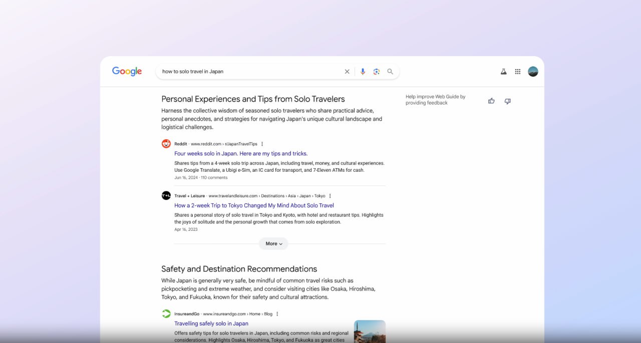 Google продолжает экспериментировать с поисковой выдачей: компания начала тестировать Web Guide на базе Gemini.  Функция позволяет организовать результаты поиска по темам в зависимости от запроса  vc.ru/services/2119441