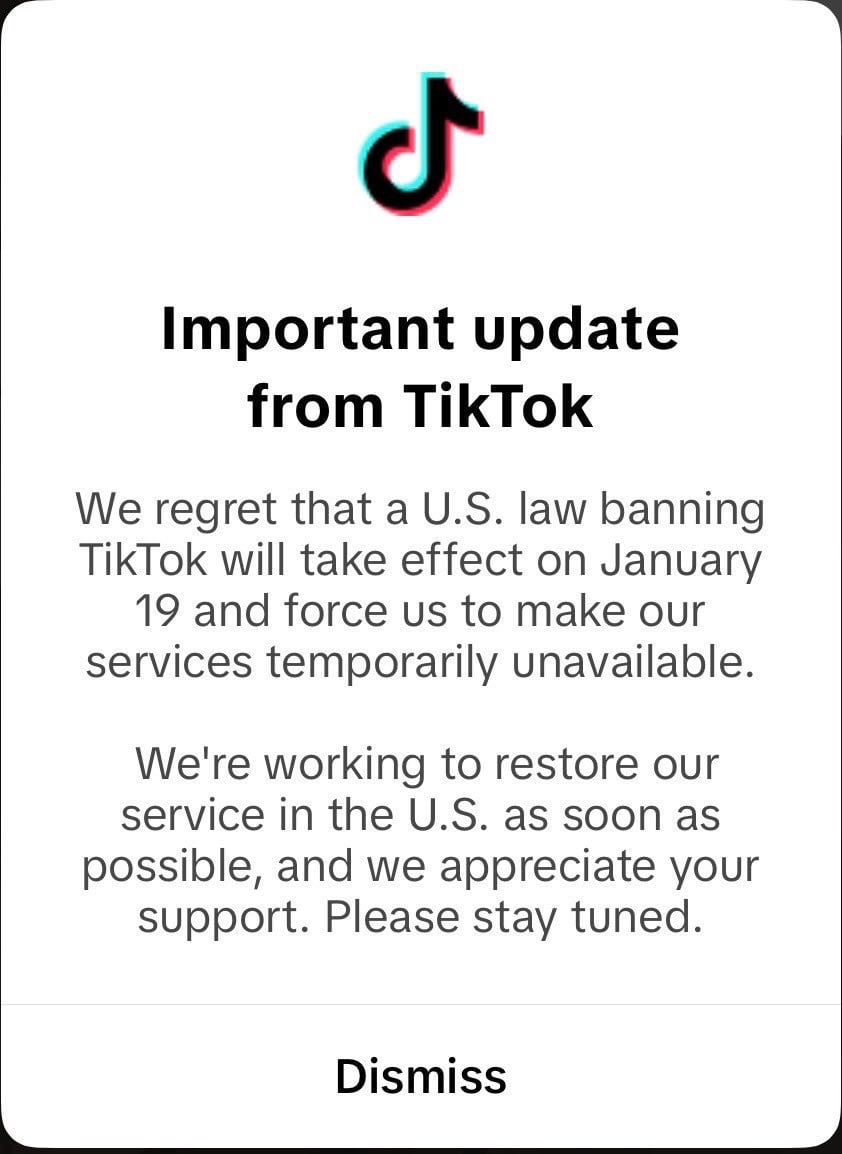 TikTok начал уведомлять пользователей в США о блокировке сервиса с 19 января