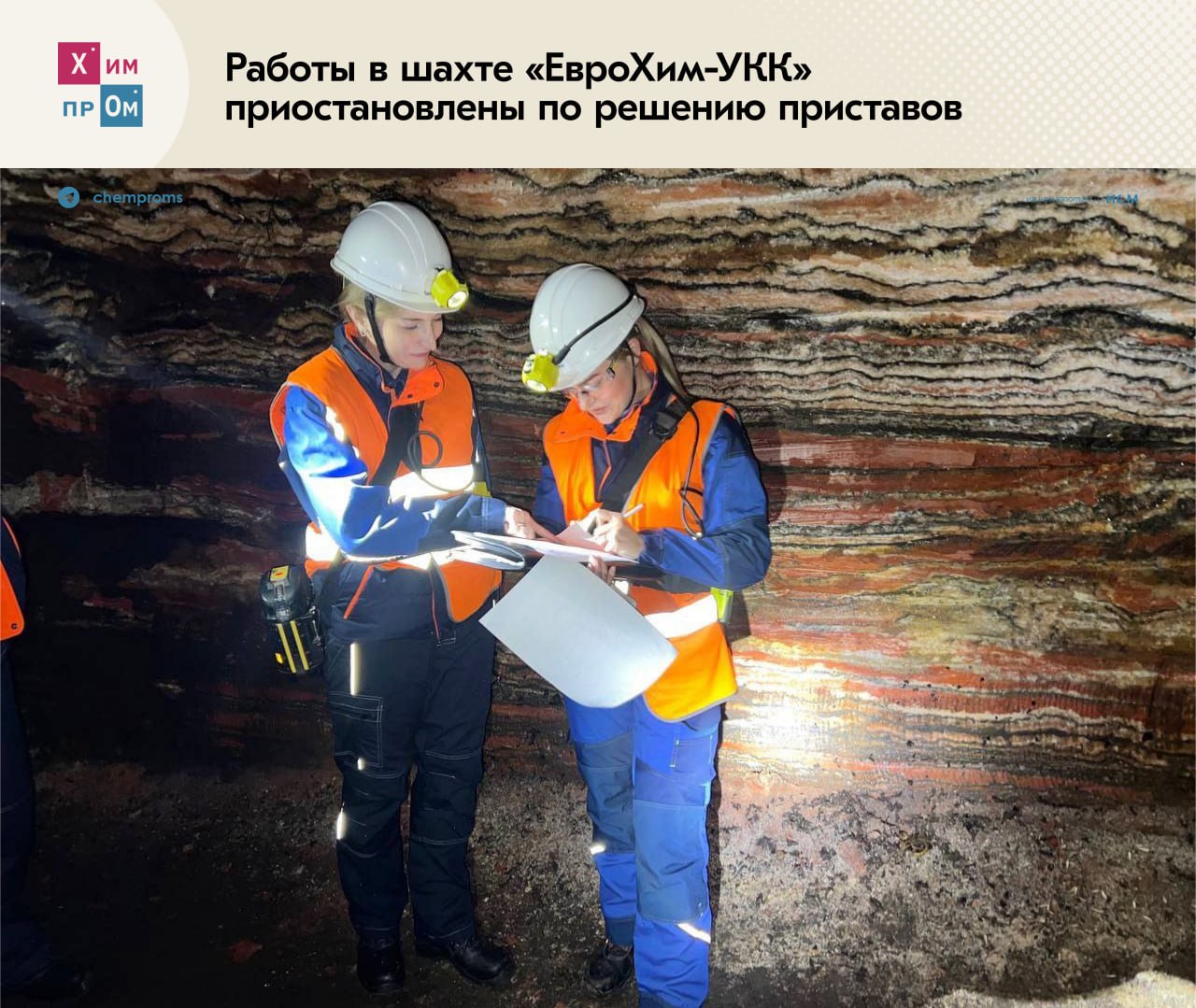 Приставы остановили работу на участке Усольского калийного комбината Сотрудники главного управления федеральной службы судебных приставов ГУ ФССП по Пермскому краю запретили ООО ЕвроХим Усольский калийный комбинат проведение работ на горной выработке сроком на 30 дней Ранее Ростехнадзор провёл проверку предприятия и выяснил что на одном из участков где проводят отбойку горной массы используется тип крепления кровли не обеспечивающий устойчивость горных выработок Из за этого на всём пути обследования были выявлены обрушения вывалы горных пород и трещины разрушающие целики Суд признал комбинат виновным в нарушении требований промышленной безопасности опасных производственных объектов Сейчас представители предприятия получили процессуальные документы в том числе предупреждения об административной и уголовной ответственности за неисполнение законных требований судебного пристава и решения суда Основная деятельность рудника продолжится в обычном режиме   ООО ЕвроХим Усольский калийный комбинат предприятие расположенное в Пермском крае и специализирующееся на производстве удобрений и азотных соединений Общая длина выработок на комбинате составляет более 800 километров Химпром