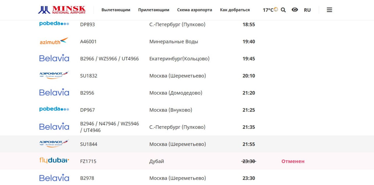 Эмиратская авиакомпания Flydubai отменила рейс в Беларусь, запланированный на 13 июня Также стало известно, что пассажиров рейса "Минск - Дубай", вылетевшего ранее, расселили в гостинице в Баку на неопределенный срок.