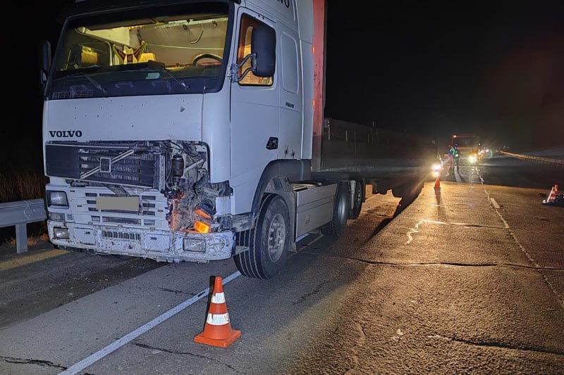 Водитель грузовика насмерть сбил пешехода в Смидовичском районе ЕАО  Вчера в 23:40 на 2096 км ФАД Амур «Чита-Хабаровск» водитель 1975 года рождения, управляя седельным тягачом с полуприцепом «Кроне», наехал на неустановленного пешехода.  Пешеход внезапно вышел на проезжую часть, его направление движения не установлено. Он скончался на месте до приезда скорой помощи.  В настоящее время проводится проверка по факту происшествия. Устанавливаются причины и обстоятельства данного ДТП.