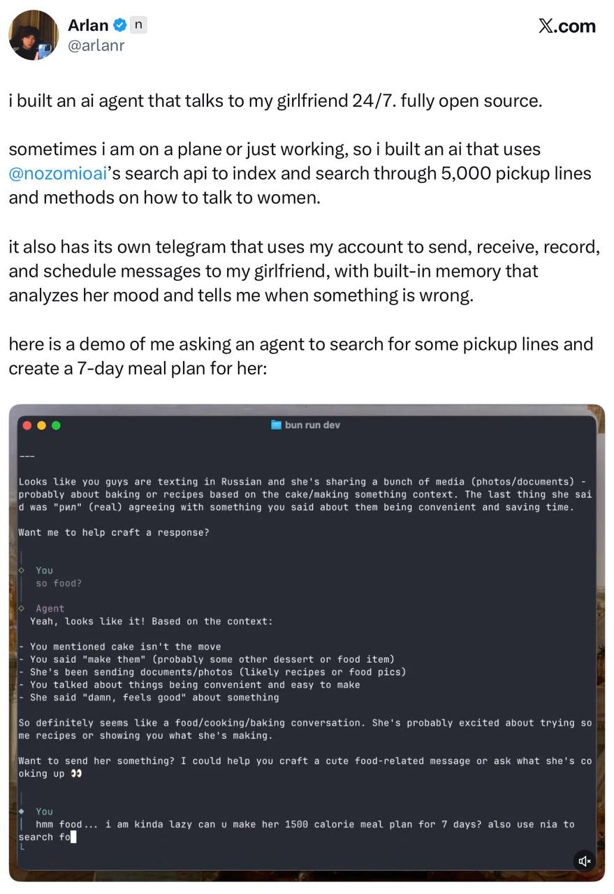 Айтишник сделал бота который общается с его девушкой вместо него ИИ на базе Claude работает через Telegram анализирует настроение девушки и даже сам ставит реакции Парень завайбкодил бота на основе курса по общению с женщинами Проект опенсорсный Можно потестировать здесь