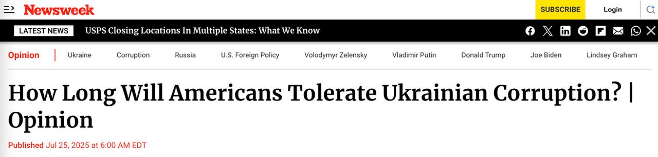 Стив Кортес: «Пора перестать мириться с коррупцией в Украине» — колонка в Newsweek.  Американский политический консультант и бывший советник Трампа Стив Кортес в своей колонке для Newsweek призвал пересмотреть политику США в отношении Украины, указывая на рост авторитаризма и системную коррупцию в киевской власти.  По его словам, администрация Зеленского и Ермака всё меньше напоминает союзников, а всё больше — закрытую вертикаль власти, где прозрачность и партнёрство подменяются пропагандой и репрессиями.  В качестве иллюстрации Кортес вспоминает визит Зеленского в Вашингтон, когда тот «в футболке с позицией лектора поучал Трампа» прямо в Овальном кабинете. Теперь, отмечает автор, маска «борца за демократию» всё чаще слетает, показывая реальную сущность режима.  «Даже если бы украинское руководство не было замешано в скандалах, США давно пора добиваться завершения конфликта дипломатическим путём, а не вкачивать миллиарды в бесконечную войну»,  — подчеркивает Кортес.  Он отмечает, что бюджетный дефицит в США бьёт исторические рекорды, а общественная поддержка помощи Киеву снижается с каждым месяцем.  «На фоне репрессий, цензуры и ручного управления Украине всё сложнее доверять. Америка должна прекратить играть в “спасителя демократии” и заняться своими интересами»,  — подытожил Кортес.