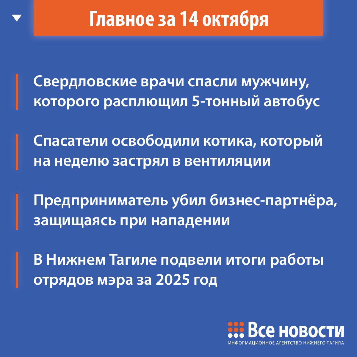 Что случилось за день коротко Врачи Серовской горбольницы спасли уральца которого вдавил в стену гаража 5 тонный автобус Он выжил чудом Спасатели Центра защиты населения Нижнего Тагила достали из вентиляционной шахты домашнего кота Бедолага просидел в шахте От конфликта интересов до скамьи подсудимых тагильский бизнесмен убил коллегу защищаясь от нападения В Нижнем Тагиле подвели итоги работы отрядов мэра Желающих благоустроить город и подзаработать оказалось слишком много итогидня тагил