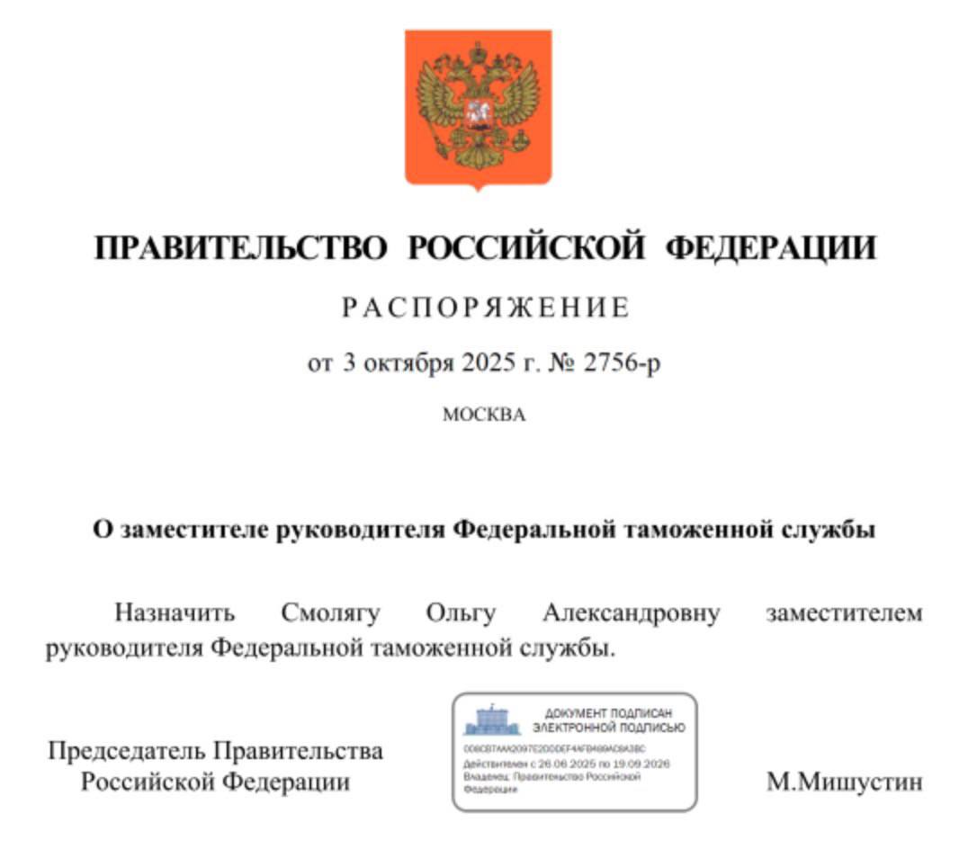 Заместителем руководителя Федеральной таможенной службы назначена Ольга Смоляга Ранее она возглавляла в ФТС России управление торговых ограничений валютного и экспортного контроля