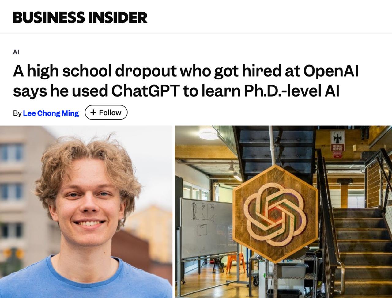 19 летний парень бросил универ и учился кодить с ChatGPT и устроился айтишником в OpenAI 2019 год Габриэль бросает универ и осваивает кодинг вместе с ChatGPT берёт задачу собирают с нейронкой проекты вместе с ней чинит баги докапывается до математики и идей под капотом 2025 год парень уже научный сотрудник в OpenAI в команде Sora на позиции куда обычно берут людей с докторской степенью нейронки заменили университеты concertzaal