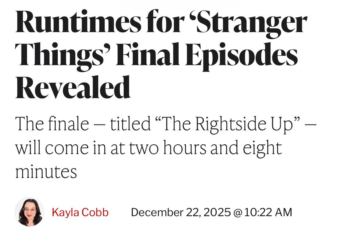 Создатели Очень странных дел официально раскрыли длительность оставшихся эпизодов сериала Пятый эпизод 1 час 8 минут Шестой эпизод 1 час 15 минут Седьмой эпизод 1 час 6 минут Восьмой эпизод 2 часа 8 минут Три серии выйдут 25 декабря а финальный эпизод 31 декабря в ночь на 1 января в 4 утра по Мск Новогодние праздники длинные успеем techmedia