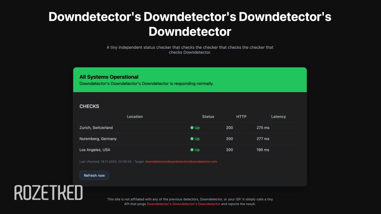 Вчерашний сбой положил Downdetector Встречайте Downdetector для Downdetector Кто то сделал шуточный сайт который мониторит работает ли популярный сервис для мониторинга сбоев Более того кто то сделал ещё более шуточный сайт который мониторит работает ли сайт который мониторит работает ли популярный сервис для мониторинга сбоев Rozetked Подписаться