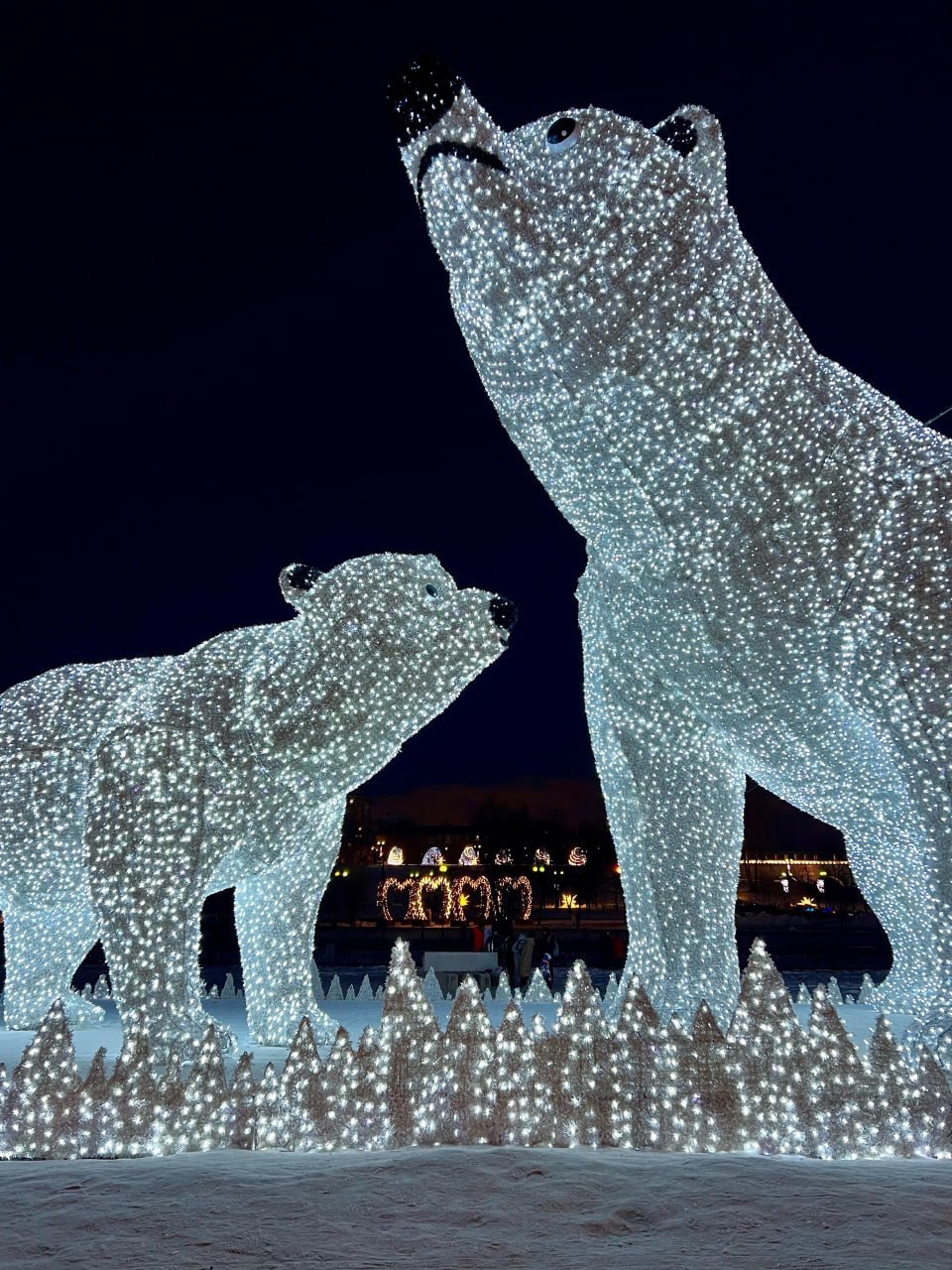 Завершаются работы по установке световой композиции Полярные медведи у Ростокинского акведука В ближайшее время жители и гости столицы смогут увидеть уникальную световую композицию Полярные медведи установленную у Ростокинского акведука Она представлена двумя фигурами полярных медведей взрослой медведицей высотой 10 метров и её детёнышем Умкой ростом 5 метров Световые фигуры гармонично вписываются в окружающее пространство создавая особую праздничную атмосферу и привлекая внимание прохожих