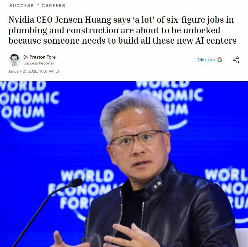 Рабочие профессии в эпоху ИИ Глава Nvidia Дженсен Хуанг прогнозирует значительный рост зарплат у сантехников и электриков Вызвано это взрывным развитием инфраструктуры для искусственного интеллекта Дата центры превратились в важную часть современного мира Потребность в электросетях системах охлаждения и строительных работах существенно увеличилась а это сулит более высокие доходы для работников таких профессий искусственныйинтеллект развитиепрофессий Russia News Подпишись