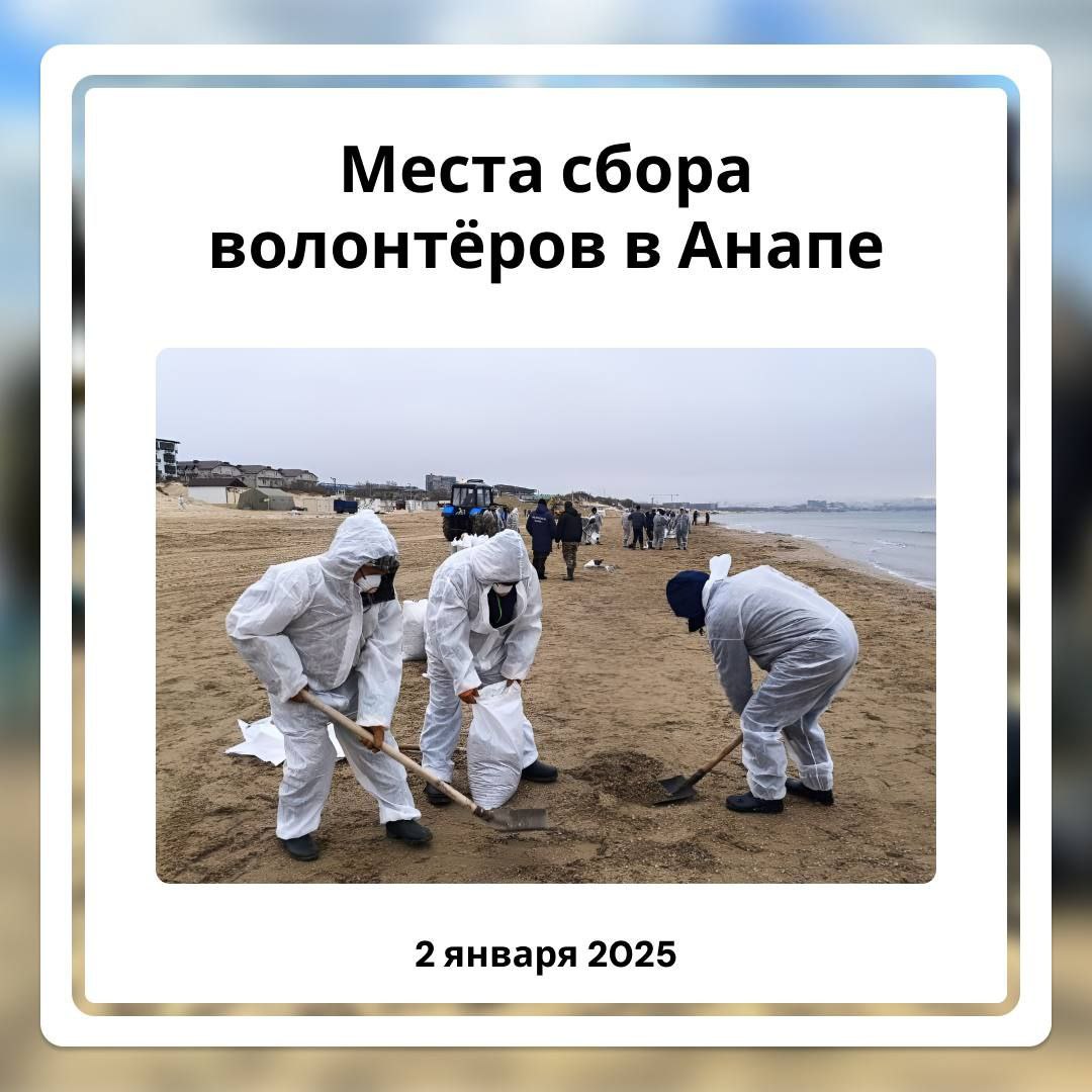 Известны места сборов волонтёров 2 января   Работы будут проводиться на 11 участках. Волонтёрам предоставят всё необходимое для уборки пляжей. Это защитная одежда, инвентарь, перчатки, лопаты, средства индивидуальной защиты.  Плюс предоставят питание и пункты обогрева для для отдыха.  Адреса мест сборов прикладываем в карточках.