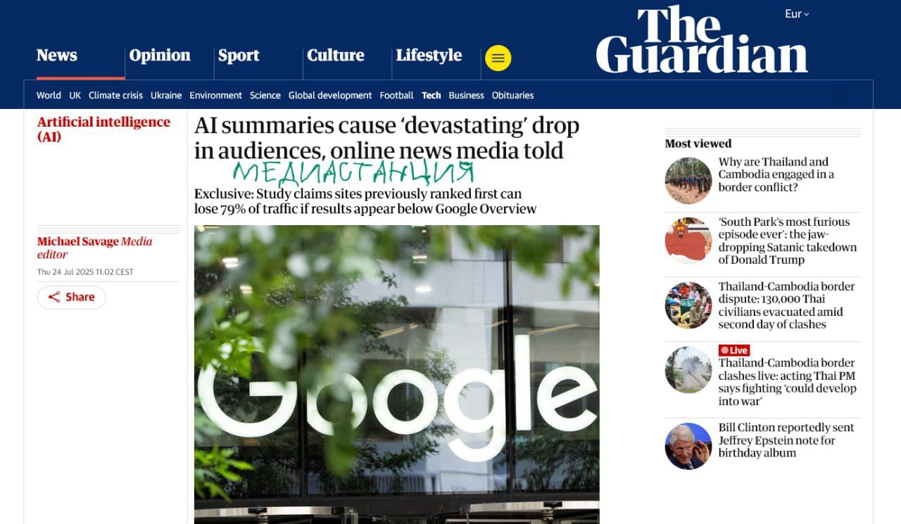 Функция AI Overviews от Google лишает площадки до 79% переходов, даже если они на первом месте в поисковой выдаче. Люди просто читают ИИ-сводки и уходят. Журналисты и издатели заявляют о катастрофе и требуют вмешательства антимонопольных органов. Google в ответ — отрицает обвинения и уверяет, что всё ещё перенаправляет миллиарды переходов. Ситуацию, конечно, трудно назвать приятной, но она обозначает одну важную вещь: такое количество медиа сегодня уже просто не нужно. Интернет перегружен инфопотоками и пользователи просто хватаются за возможность защитить себя от излишков информации.