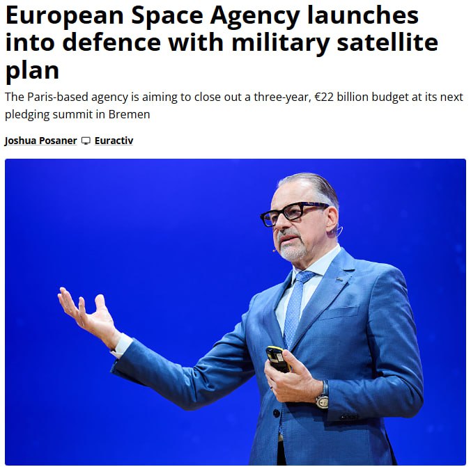 Европейское космическое агентство ЕКА в ноябре в рамках подготовки бюджета на 2026 год впервые в своей истории запросит 1 млрд на военный проект по созданию сети военных разведывательных спутников Об этом сообщил в интервью порталу Euractiv генеральный директор ЕКА Йозеф Ашбахер По его словам эти спутники смогут передавать на Землю с интервалом в 30 минут фотоснимки обширных районов земной поверхности со сверхвысоким разрешением Ашбахер считает что эти услуги будут нацелены на новую группу пользователей военные и разведывательные структуры Это первый проект ЕКА целиком в военной сфере который полностью вписывается в программу Еврокомиссии по милитаризации европейской экономики На 2026 год ЕКА рассчитывает получить общий бюджет в 22 млрд Самое время вспомнить экс главу Роскосмоса Дмитрия Рогозина при котором развертывание российской спутниковой группировки Сфера должна была начаться еще в 2021 году и закончиться к 2030 к этому времени в космосе должно было находиться от 162 до 640 спутников связи интернета вещей и наблюдения Однако в реальности вместо мощной спутниковой группировки Россия получила безумные сообщения Дмитрия Олеговича в Twitter и позорные пикировки в соцсетях с Илоном Маском а так же стихи и песни Рогозина на официальном сайте госкорпорации И ничего ему за это не было сидит сейчас на передержке в Совете Федерации представляет там исполнительную власть Запорожской области и мечает о новых назначениях Так и живем уважаемые читатели