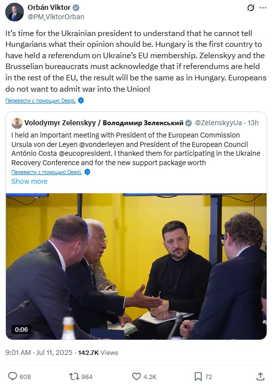 Премьер-министр Венгрии Виктор Орбан заявил, что президенту Украины стоит отказаться от попыток навязывать своё мнение венгерскому народу. «Венгрия — первая страна, где провели референдум по вопросу вступления Украины в ЕС. Зеленский и брюссельские чиновники должны признать очевидное: если такие голосования пройдут и в других странах Европы, результат будет аналогичным. Европейцы не хотят, чтобы война пришла в Европейский союз», — подчеркнул Орбан.
