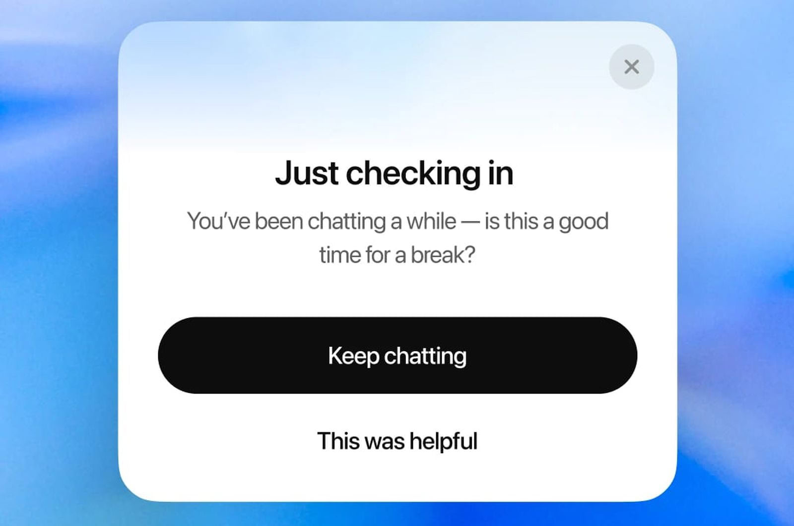 OpenAI добавляет напоминания сделать перерыв в ChatGPT. Начиная с сегодняшнего дня, ChatGPT будет напоминать пользователям о том, как долго они пользуются сервисом, и предлагать им перерывы. OpenAI заявляет, что успех измеряется не временем, проведённым в ChatGPT, а тем, что пользователи покидают продукт, завершив то, за чем пришли. Таким образом компания пытается бороться с тем, что беседы с ChatGPT могут вызывать зависимость, потерю контроля и перепады настроения, что ранее выявили в университете MIT. ================ News Soft Gear Links