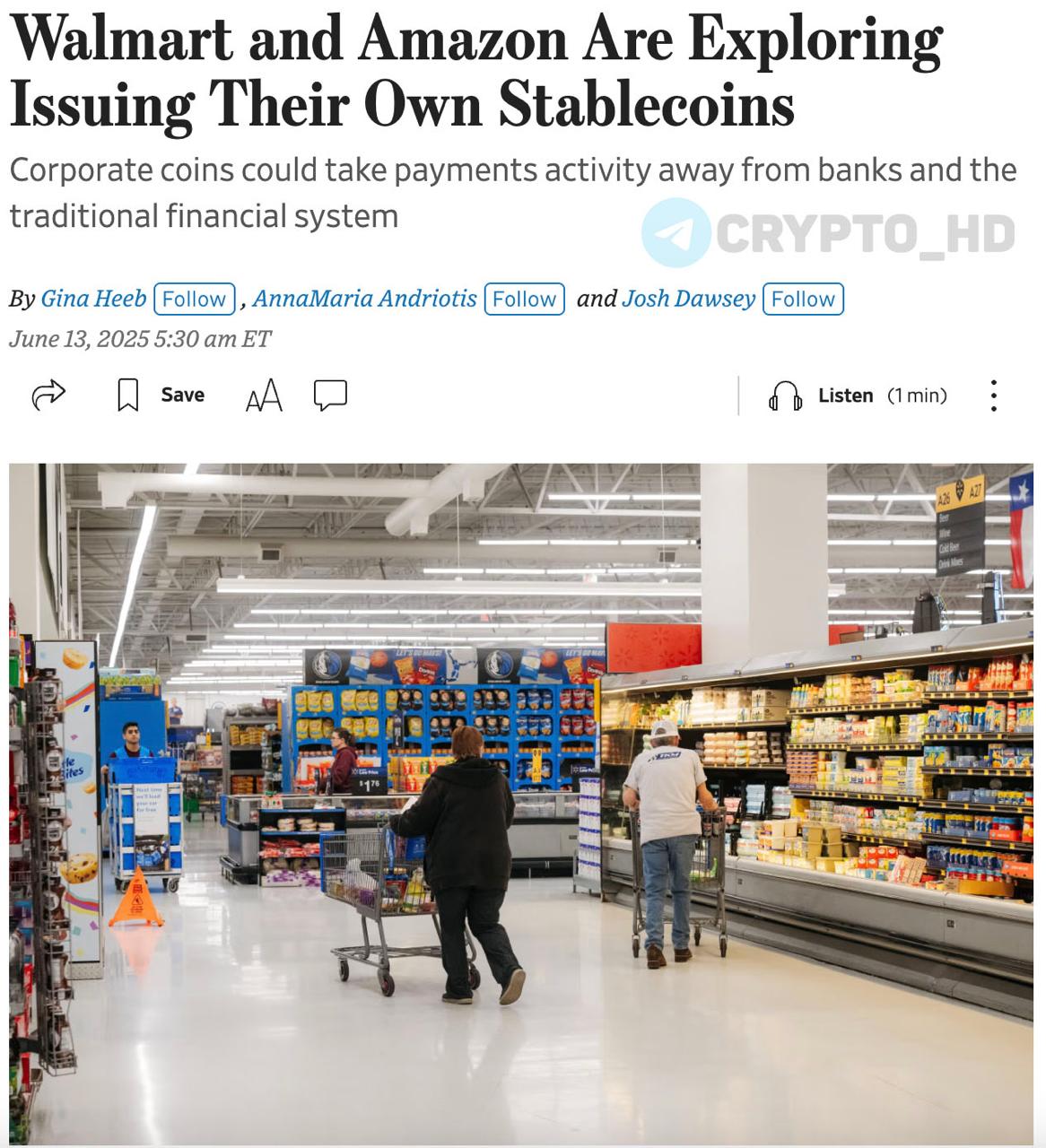 #инсайд WSJ: Walmart и Amazon собираются выпустить собственные стейблкоины. Ранее: - DTCC - US Bancorp - Ant Group - JPMorgan, Bank of America, Citigroup Crypto Headlines