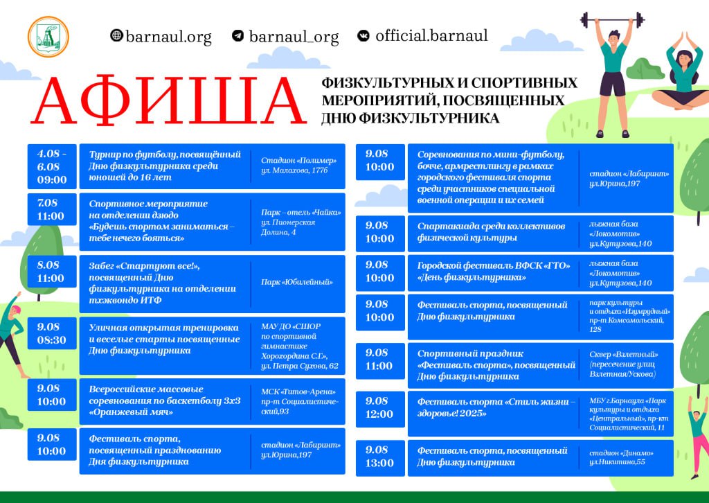 9 августа в Барнауле пройдут спортивные мероприятия, посвященные Дню физкультурника  День физкультурника ежегодно отмечается во вторую субботу августа. В этом году праздник отметят 9 августа.  В этот день в Барнауле пройдет цикл спортивных событий, среди которых соревнования, фестивали и праздничные мероприятия.  Ознакомиться с полной программой мероприятий можно по ссылке и в афише.