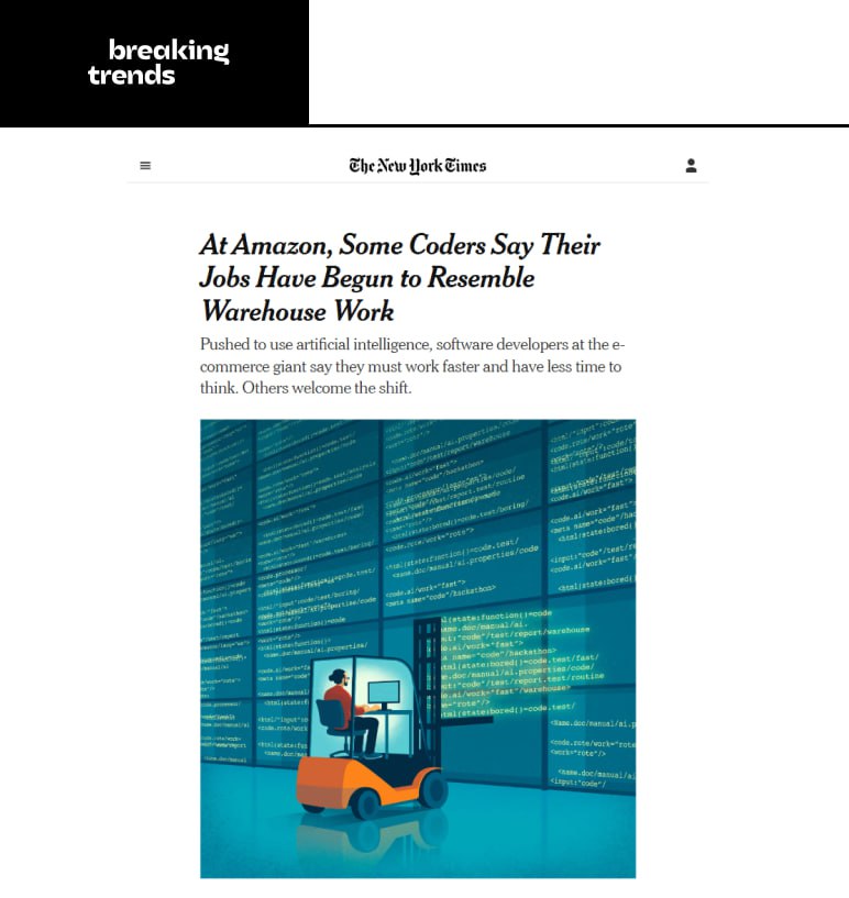 Айтишники в Amazon недовольны: из-за внедрения ИИ компанию покинула половина сотрудников, а объём работы остался прежним. Более того, задачи, на которые раньше отводилось несколько недель, теперь должны выполняться за 2–3 дня. Из-за такой спешки пользователи начали сталкиваться с множеством багов, а менеджеры тем временем отчитываются об успешной оптимизации и росте скорости разработки. Многие разработчики жалуются, что их роль теперь сводится к нажатию «ОК» на сгенерированный ИИ код. Если в нём обнаруживаются ошибки, его просто отправляют обратно в нейросеть — и так по кругу. Breaking Trends