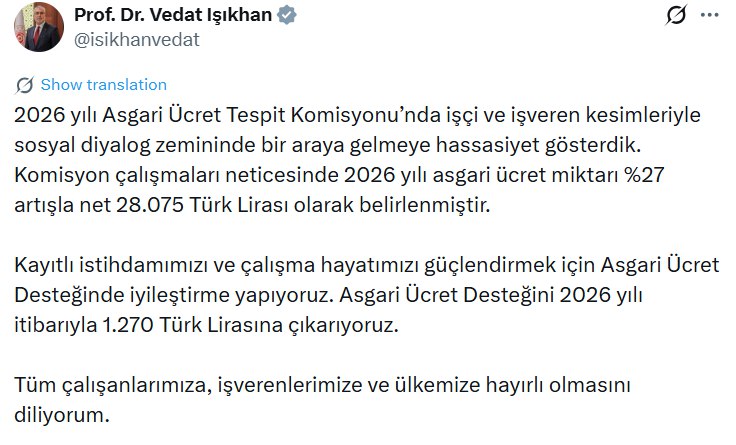 Турция повышает минимальную зарплату Чистая ежемесячная минимальная заработная плата в Турции с 2026 года составит 28 075 турецких лир 655 52 сообщил министр труда Ведат Ишикхан Это увеличение примерно на 27 по сравнению с уровнем 2025 года Повышение напрямую затронет около 7 миллионов работников и косвенно повлияет на все общество Минимальная зарплата также служит ориентиром для роста зарплат в частном секторе по всей стране Голос Турции
