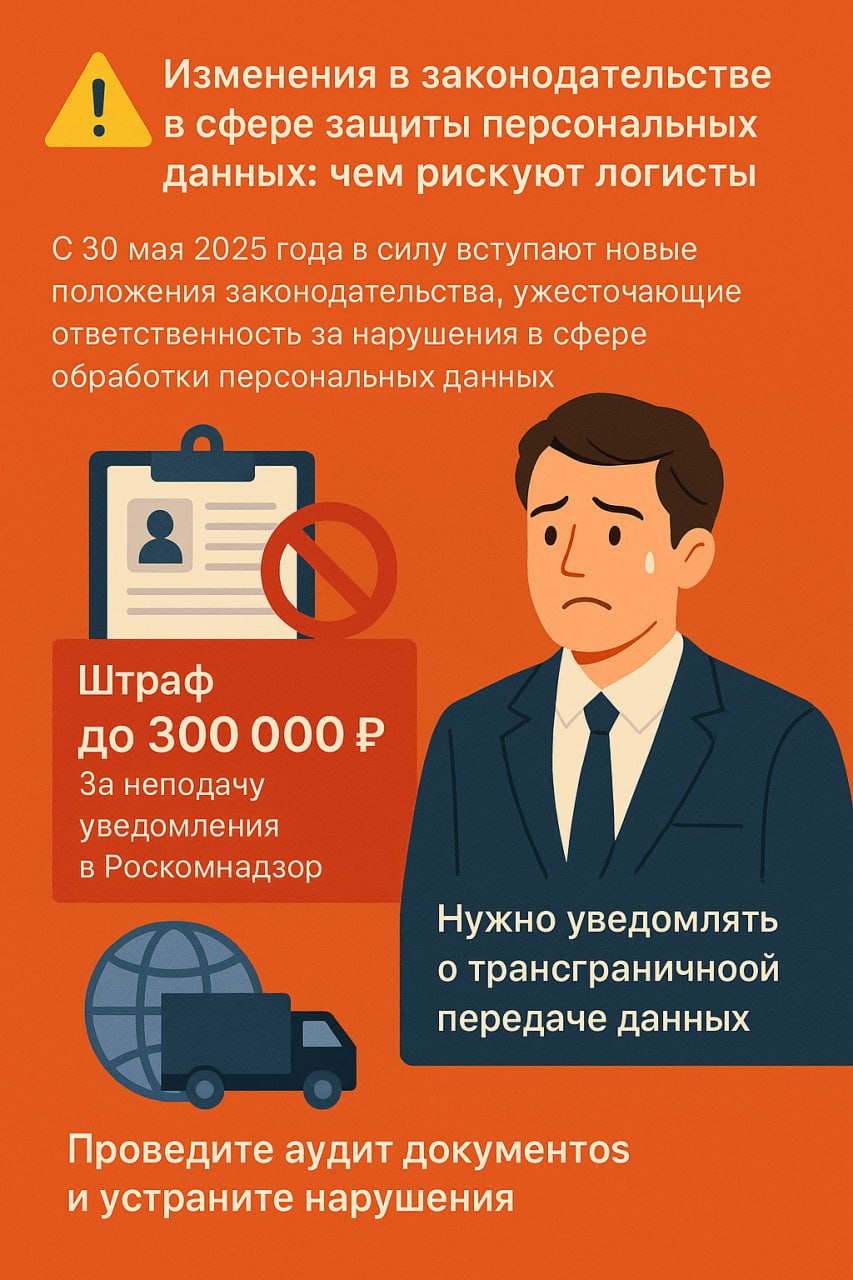 Изменения в законодательстве в сфере защиты персональных данных: чем рискуют логисты С 30 мая 2025 года в силу вступают новые положения законодательства, ужесточающие административную и уголовную ответственность за нарушения в сфере обработки персональных данных. Один из самых обсуждаемых пунктов — ответственность за неподачу или несвоевременную подачу уведомления в Роскомнадзор о начале обработки персональных данных. Что грозит за несвоевременное уведомление Размер штрафа по п. 10 ст. 13.11 КоАП РФ может достигать 300 000 рублей, а срок давности по таким делам — один год. Как эти изменения повлияют на участников логистической отрасли? Обсудили с заместителем директора юрдепартамента ООО «Карбо-Л» Татьяной Калиновой . По словам эксперта, обязанность уведомлять Роскомнадзор возложена на большинство операторов персональных данных. Исключения, при которых можно работать без уведомления, действительно существуют п. 1 и 2 ст. 22 закона №152-ФЗ , но на практике они редко применимы к бизнесу, в том числе к транспортным компаниям. Как это относится к логистам Многие упускают из виду важный момент: уведомлять регулятора нужно не только при старте обработки, но и при трансграничной передаче данных ст. 12 закона . А это — частая практика в логистике. Например, если оформляется доверенность на физлицо для получения груза или прохождения таможенных формальностей за границей, это уже считается трансграничной передачей. То же самое — если у компании есть дочерние структуры за рубежом, и она передаёт туда персональные данные в рамках внутреннего взаимодействия. Учитывая тренд последних лет на усиление контроля в этой сфере, эксперт рекомендует провести внутренний аудит документов и процессов. Важно успеть устранить нарушения до 29 мая — особенно в части локальных нормативных актов, уведомлений и согласий на передачу данных. #эксклюзив