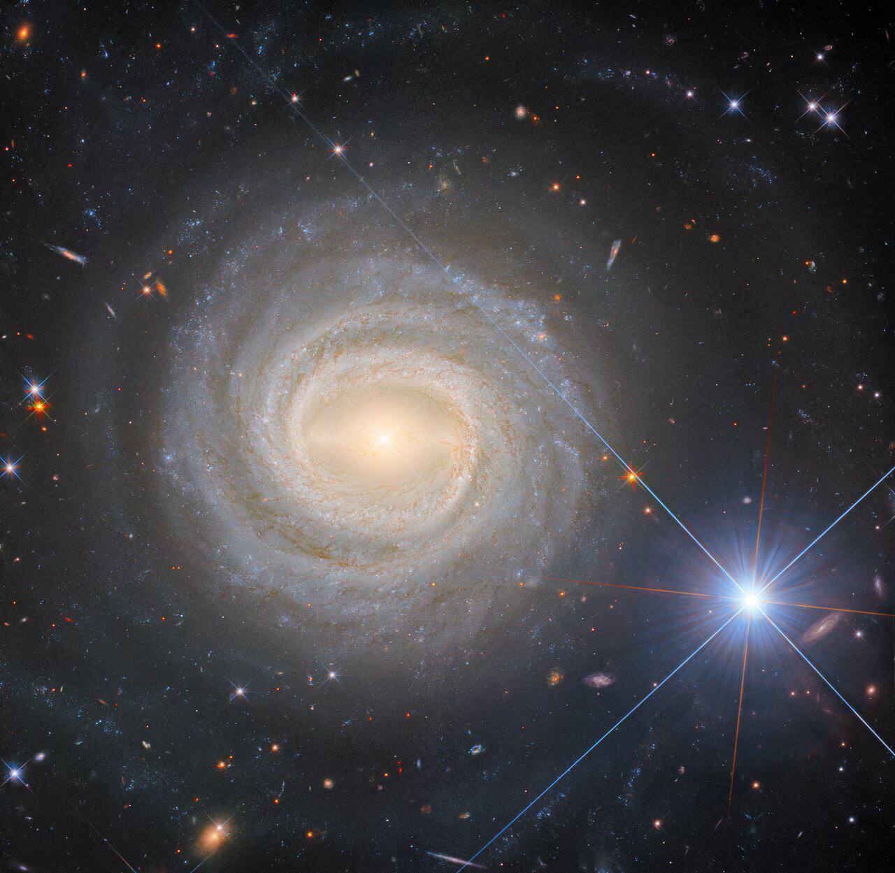Фото от космического телескопа Hubble На этом изображении изображена NGC 3783 яркая спиральная галактика с перемычкой расположенная примерно в 130 миллионах световых лет от Земли Хотя в фокусе этого изображения находится NGC 3783 взгляд в равной степени притягивается к очень яркому объекту в нижней правой части этого изображения Это звезда HD 101274 Перспектива на этом изображении делает звезду и галактику близкими спутниками но это иллюзия HD 101274 находится примерно в 85 000 раз ближе к Земле чем NGC 3783 Поэтому она выглядит соразмерно NGC 3783 это сейфертовская галактика Это означает что она обладает ярким центром активной чёрной дырой активно выбрасывающей разогретый газ Space Hub Космос Подписывайтесь на канал