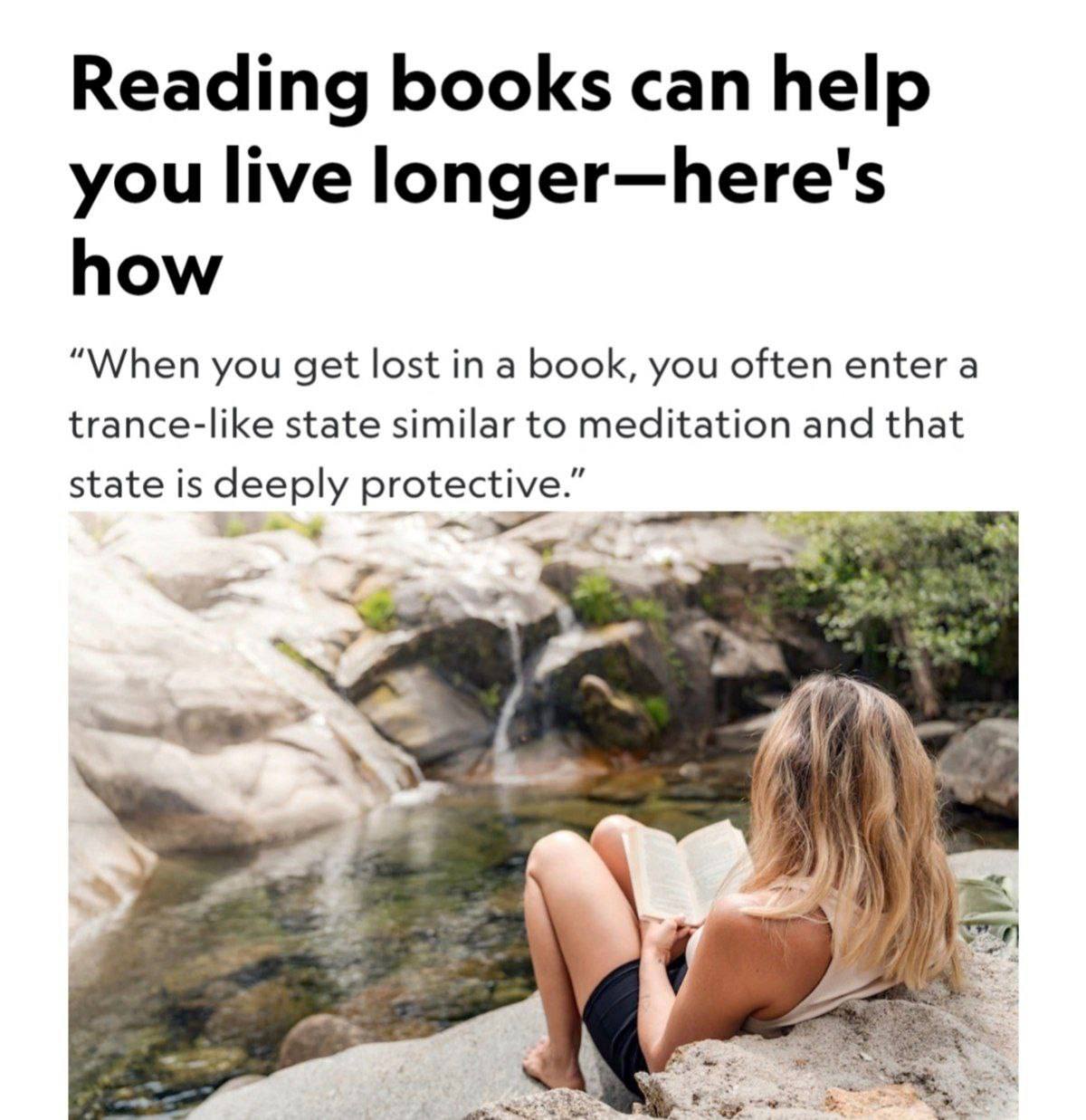 Чтение книг продлевает жизнь регулярное чтение добавляет около 2 лет жизни независимо от дохода образования и здоровья выяснили учёные Во время чтения мозг расслабляется и входит в состояние похожее на медитацию благодаря этому нервная система успокаивается а уровень стресса заметно падает Также у книголюбов отмечалось замедление старения мозга и возрастного ухудшения памяти Самое приятное это работает даже с аудиокнигами Главное читать хотя бы по 20 минут в день и полностью погружаться в книгу без гаджетов и соцсетей Подпишитесь и следите за актуальными новостями на нашем канале   telegram me joinchat AAAAAEEdc qam7052mnXKA
