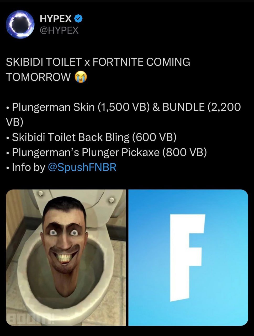 Fortnite завтра планирует объединиться со Skibidi Toilet и добавить следующие шмотки в Магазин Предметов:   Скин Plungerman   Рюкзак Скибиди   Кирка Plungerman  Готовы к сливу?   — Да   — Нет    Steam   Новости