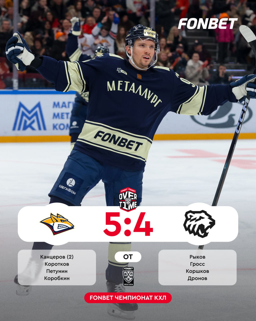 Металлург в четвертый раз подряд обыграл Трактор Банда Разина забрала два очка в FONBETOVERTIME в матче посвященному 70 летию магнитогорского хоккея