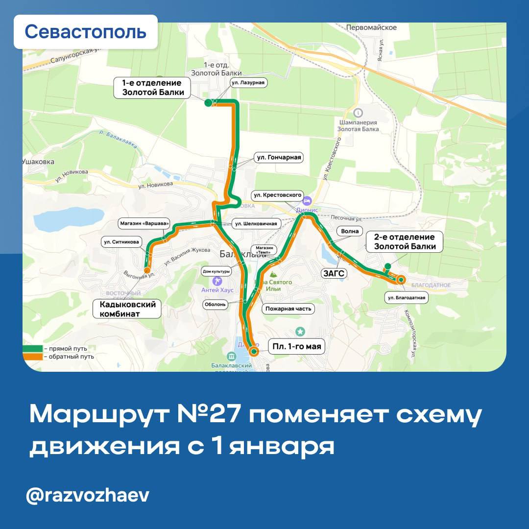 Балаклавский маршрут 27 с 1 января поменяет схему движения некоторые рейсы будут заходить в район 1 го отделения Золотой балки Маршрут движения мы меняем для того чтобы обеспечить транспортную доступность нового дома культуры который мы построили и который уже работает первое праздничное мероприятие прошло здесь в преддверии Дня работников сельского хозяйства и перерабатывающей промышленности Маршрут 27 объединит все основные районы Балаклавы став полноценным внутригородским маршрутом Дополнительно будет продлено время его работы автобусы будут ходить до 21 30 Новое расписание будет доступно на сайте Дирекции по развитию дорожно транспортной инфраструктуры Кроме того в этот район продолжит ходить маршрут 33 1 е отделение Золотой балки железнодорожный вокзал через улицу Горпищенко его режим работы останется прежним Хотите быть в курсе самых важных новостей Подписывайтесь на мои каналы в отечественных соцсетях Михаил Развожаев в MAX Михаил Развожаев в VK