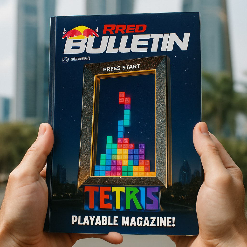 На горизонте игрового мира появилась уникальная находка первый в мире играбельный игровой журнал В прошлом году компания Tetris совместно с Red Bull провела геймерский турнир в рамках которого небоскреб Dubai Frame превратился в крупнейшую играбельную инсталляцию Tetris управляемую более чем 2000 дронов Одновременно с этим Red Bull выпустил специальный 180 страничный выпуск своего lifestyle журнала The Red Bulletin в котором также нашли место элементы игры PRO AI OFFICIAL