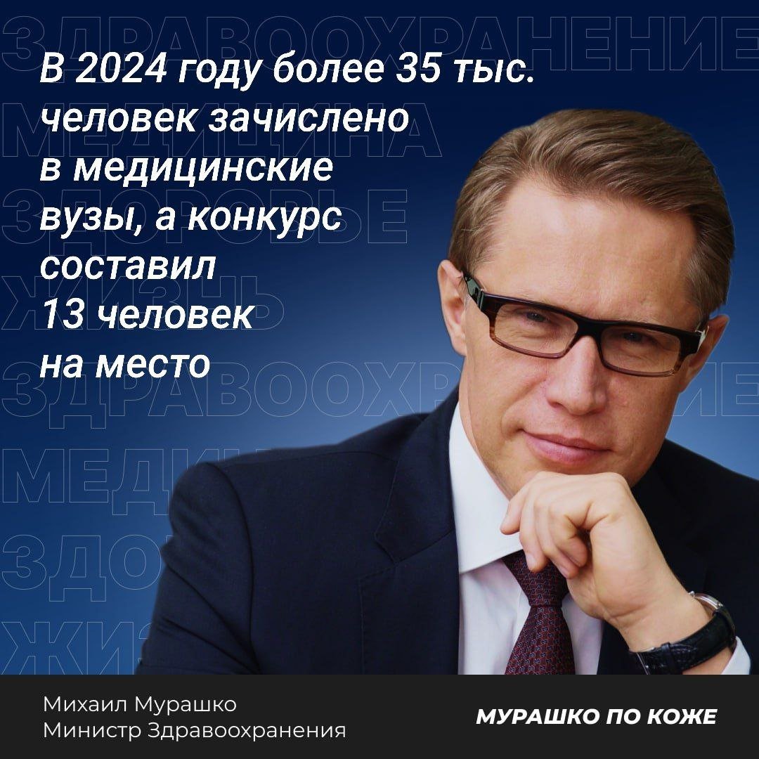 В ходе визита в Барнаул, Министр здравоохранения РФ Михаил Мурашко поделился информацией о результатах приемной кампании в медицинские вузы страны в этом году.      Более 35 000 студентов поступили в медицинские вузы.   Количество бюджетных мест в 2024 году увеличилось на 1 700 по сравнению с прошлым годом.   Министр также отметил растущий интерес иностранных студентов к медицинскому образованию в России, их количество увеличивается с каждым годом. Мы видим, что заинтересованность в поступлении на медицинскую специальность есть. Это подтверждается и баллами на конкурсные места — в этом году средний балл оказался на два пункта выше. Подготовка абитуриентов улучшается, и мы рады видеть, что интерес к нашей специальности возрастает, — сказал Михаил Мурашко.