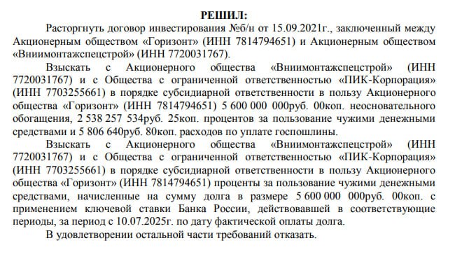 ПИК проиграл 8 млрд руб   Арбитражный суд Москвы частично удовлетворил иск петербургской компании Горизонт к структурам девелопера ПИК Вниимонтажспецстрой и ПИК корпорация пишут Ведомости Вместо заявленных 14 млрд руб суд постановил взыскать 8 1 млрд руб включая 5 6 млрд руб неосновательного обогащения и проценты за пользование средствами Также решено расторгнуть инвестдоговор подписанный в сентябре 2021 года Спор связан с проектами на территории Перово Поле площадкой площадью 3 7 га которую ПИК купил у экс депутата Мосгордумы Андрея Ковалева в 2020 году Первоначально речь шла об офисном комплексе но сейчас на участке строится Технопарк Плеханова  Вероятно предмет конфликта соседний жилой квартал Плеханова 11 где Горизонт мог выступать соинвестором Гендиректор Горизонта Дмитрий Гордович один из акционеров ББР банка который ранее также фигурировал в сделках с земельными площадками ПИК Юристы считают что иск мог быть вызван непередачей долей или площадей обещанных партнеру или затяжной реализацией проекта объект вводится в эксплуатацию только в 2026 году При этом с момента заключения сделки стоимость стройки и недвижимости заметно выросла что также могло усилить конфликт  Случай напоминает типичные риски партнерских инвест схем владелец участка передает землю девелоперу рассчитывая на долю в жилье или выручке но при изменении экономики проекта баланс интересов часто рушится   Домострой