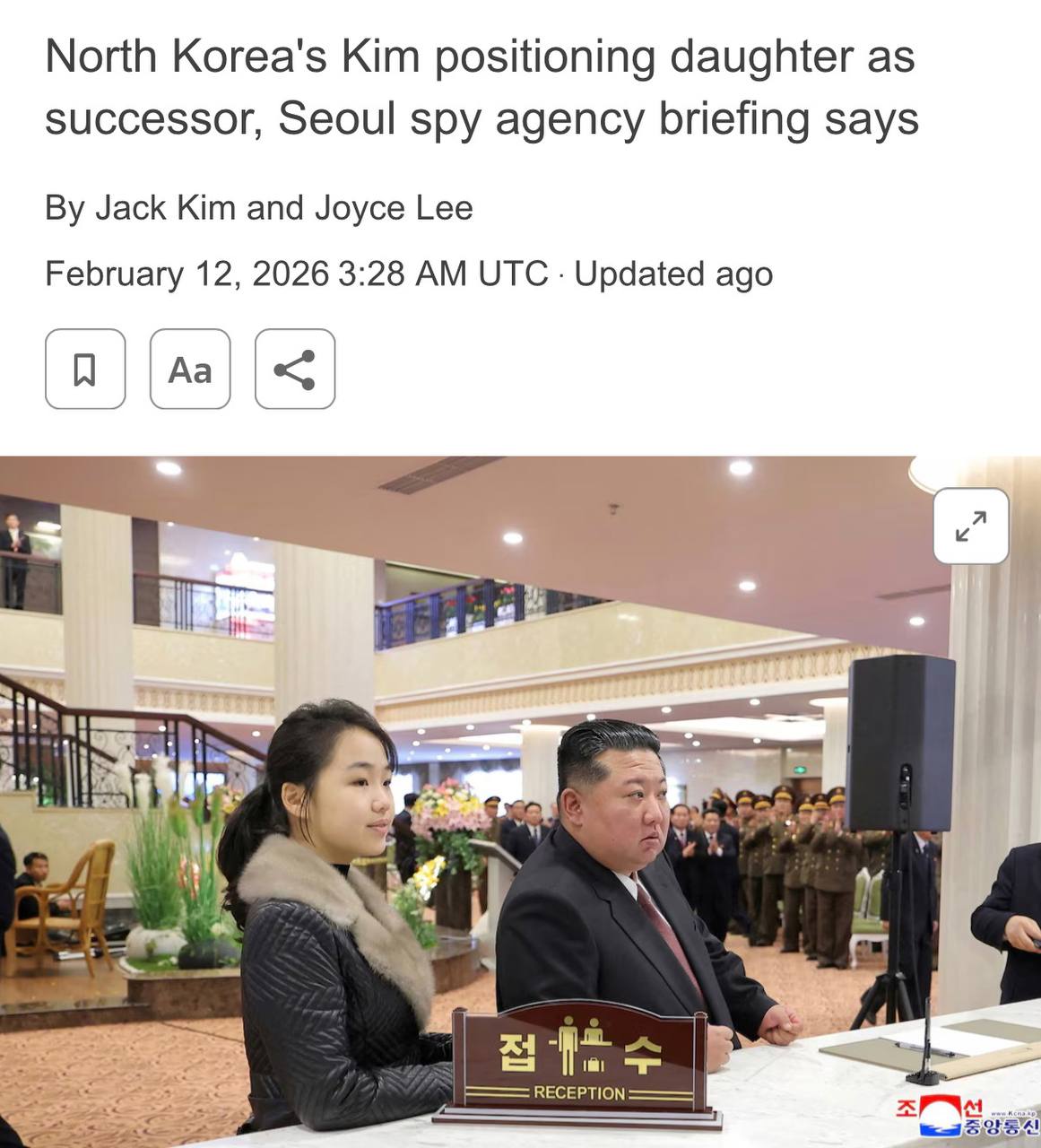 Ким Чен Ын готовит свою дочь к возможному наследованию сообщает Reuters По данным южнокорейских разведывательных источников Ким Чен Ын активно содействует укреплению позиций своей дочери в качестве потенциальной преемницы в Северной Корее Ким Чжу Э уже участвует в официальных мероприятиях и может получить официальный статус на съезде Трудовой партии