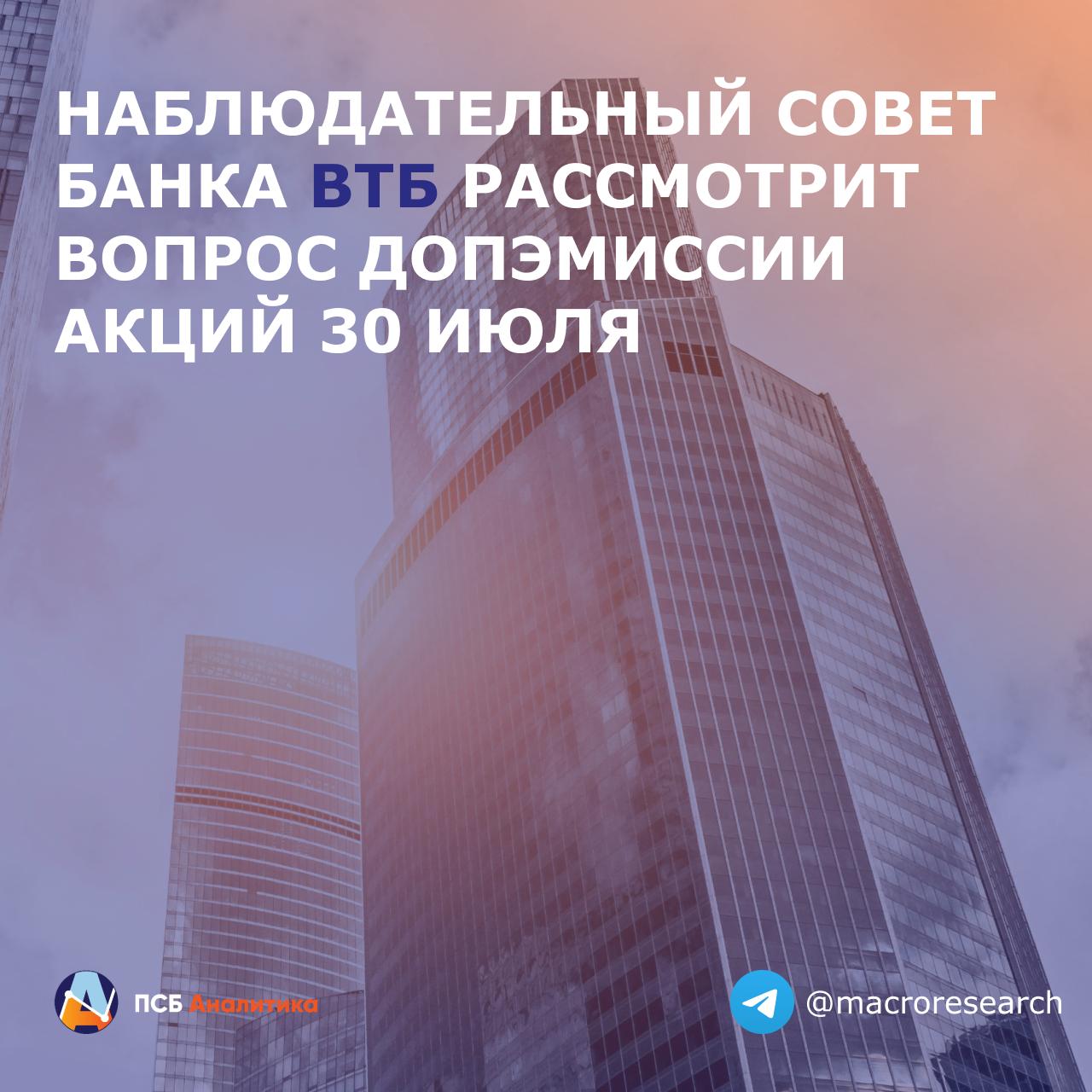 30 июля наблюдательный совет банка ВТБ рассмотрит вопрос допэмиссии акций. Это событие ожидаемо, ранее о возможной допэмиссии говорили топ-менеджеры компании. Наблюдательный совет банка определит ее объем. По словам топ-менеджеров ВТБ, примерный объем SPO составит 80 млрд рублей, а максимальное количество размещаемых ценных бумаг — 1,2 млрд  порядка 20% к существующему объему обыкновенных акций . Цена размещения будет определена в сентябре.    Наше мнение:  Если объем SPO окажется в рамках озвученных параметров, допэмиссия может лишь краткосрочно оказать давление на котировки акций. Более важным фактором для бумаг кредитной организации является ДКП, так как банк — один из основных бенефициаров снижения ключевой ставки. Переход ЦБ к смягчению денежно-кредитной политики будет способствовать росту прибыли компании, что в средне- и долгосрочном горизонте будет поддерживать акции банка, а также способствовать выплатам хороших дивидендов.  #БогданЗварич #эмитенты #VTBR Аналитический центр ПСБ
